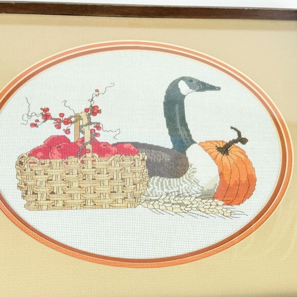 Vintage Fall Goose Harvest Cross-Stitch Serving Tray Rustic Farmhouse Decor - Picture 3 of 10